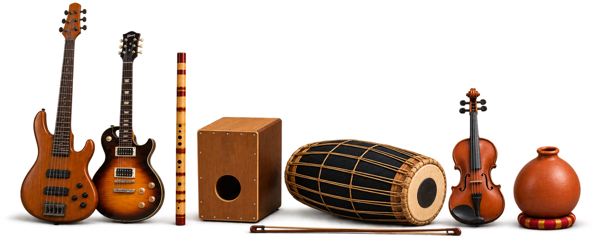 Bass guitar, lead guitar, flute, cajon, mridangam, violin and ghatam representing the Samyukth collective