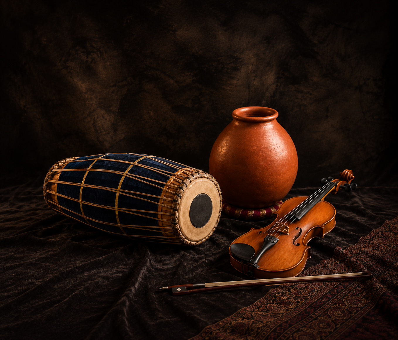 Mridangam, violin and ghatam representing the founding instruments of Samyukth